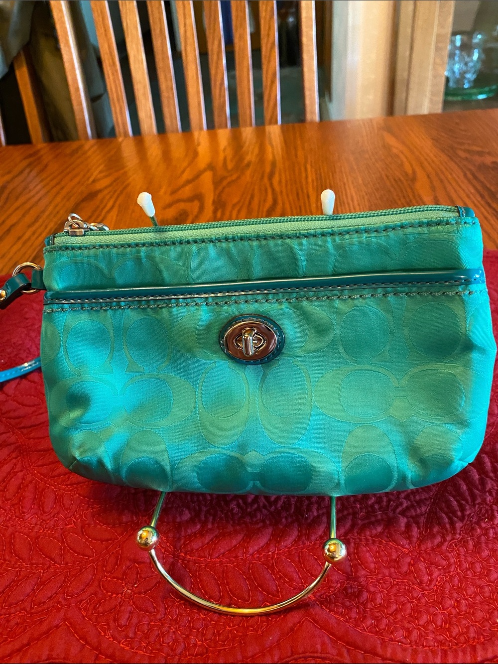 Coach Teal Satin Wristlet